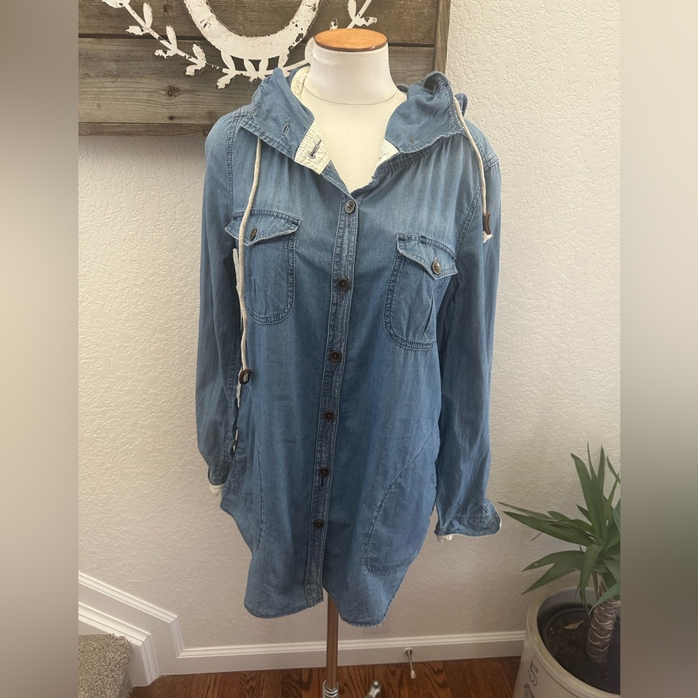 Anthropologie Holding Horses Blue Denim‎ Hooded Shirt Jacket size Small
